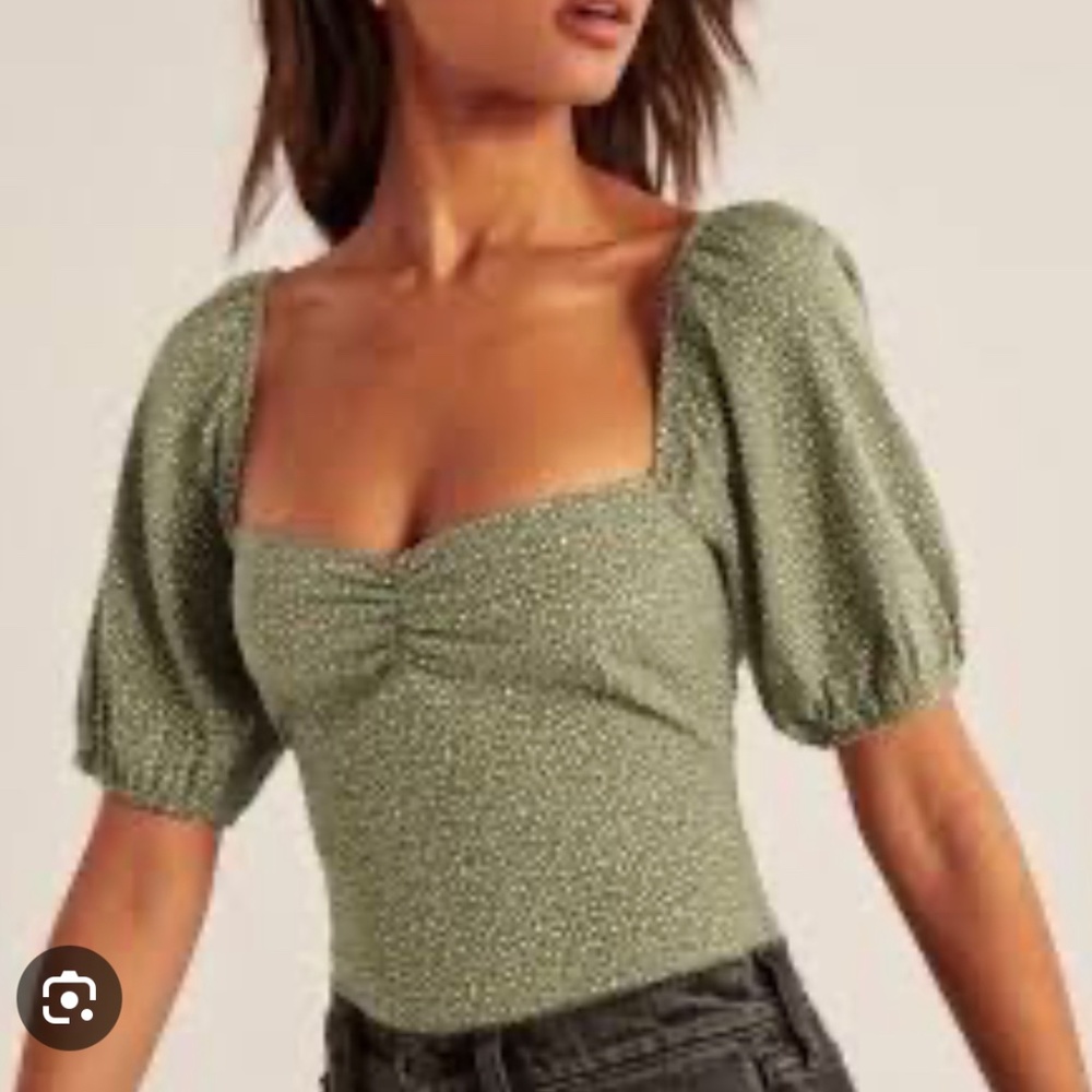 Abercrombie & Fitch Olive Green Puff Sleeve Cropped Top
